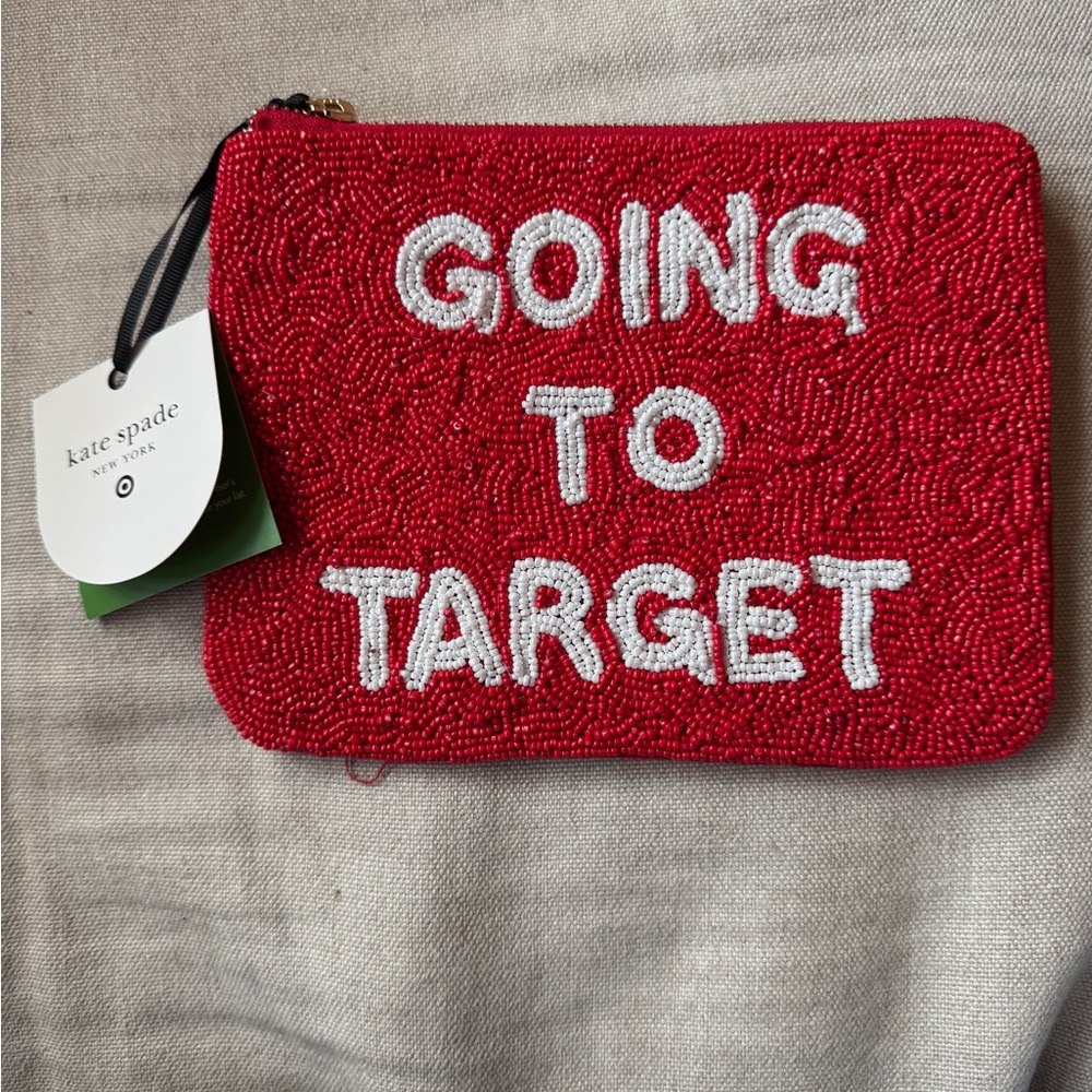 NWT Kate Spade Red Beaded Clutch with White Text